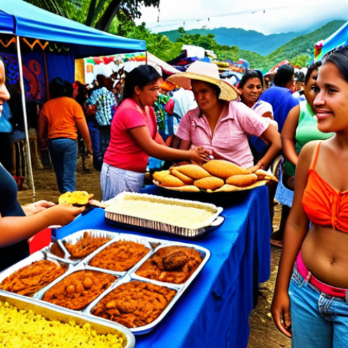 **A vibrant Honduran festival**: Capture the lively atmosphere of a local Honduran fair or festival, showcasing traditional food, handmade crafts, and people interacting and celebrating.