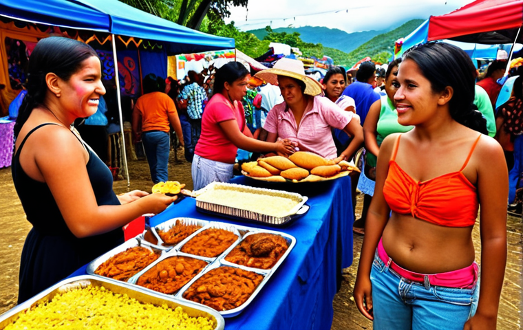 **A vibrant Honduran festival**: Capture the lively atmosphere of a local Honduran fair or festival, showcasing traditional food, handmade crafts, and people interacting and celebrating.