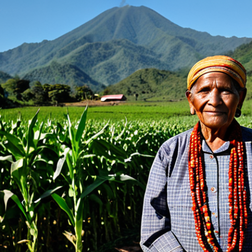 A dignified Lenca elder, fully clothed in traditional, modest, and culturally appropriate attire, stands proudly on fertile ancestral agricultural land in the highlands of Honduras. They are surrounded by lush, well-tended maize and bean fields, with majestic mountains rising under a clear sky in the background. The scene conveys deep connection to the earth, resilience, and wisdom. Natural pose, perfect anatomy, correct proportions, well-formed hands, proper finger count, natural body proportions. Professional photography, high resolution, detailed, realistic, high quality, professional dress, safe for work, appropriate content, family-friendly.