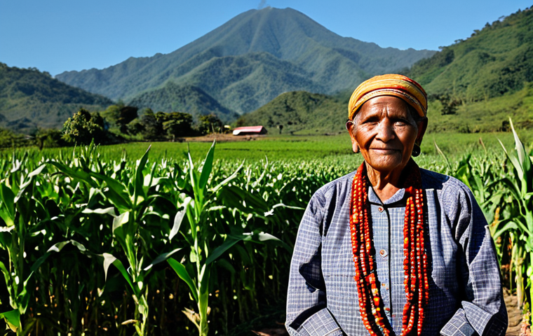 A dignified Lenca elder, fully clothed in traditional, modest, and culturally appropriate attire, stands proudly on fertile ancestral agricultural land in the highlands of Honduras. They are surrounded by lush, well-tended maize and bean fields, with majestic mountains rising under a clear sky in the background. The scene conveys deep connection to the earth, resilience, and wisdom. Natural pose, perfect anatomy, correct proportions, well-formed hands, proper finger count, natural body proportions. Professional photography, high resolution, detailed, realistic, high quality, professional dress, safe for work, appropriate content, family-friendly.